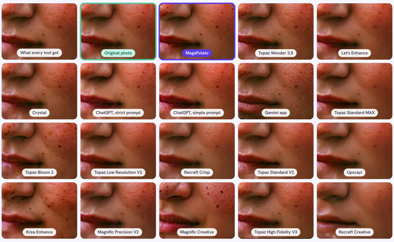 Portrait · 140 × 105 px of 504 × 336, the same detail through every tool and setting of the core test: what every tool got, the original photo and 18 results, MegaPotato outlined