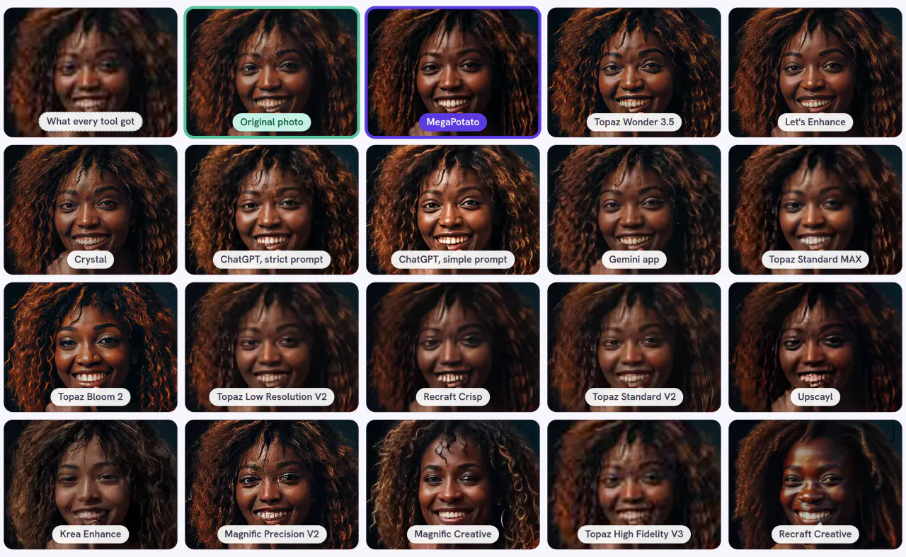 Café menu · 96 × 72 px of 504 × 336, the same detail through every tool and setting of the core test: what every tool got, the original photo and 18 results, MegaPotato outlined