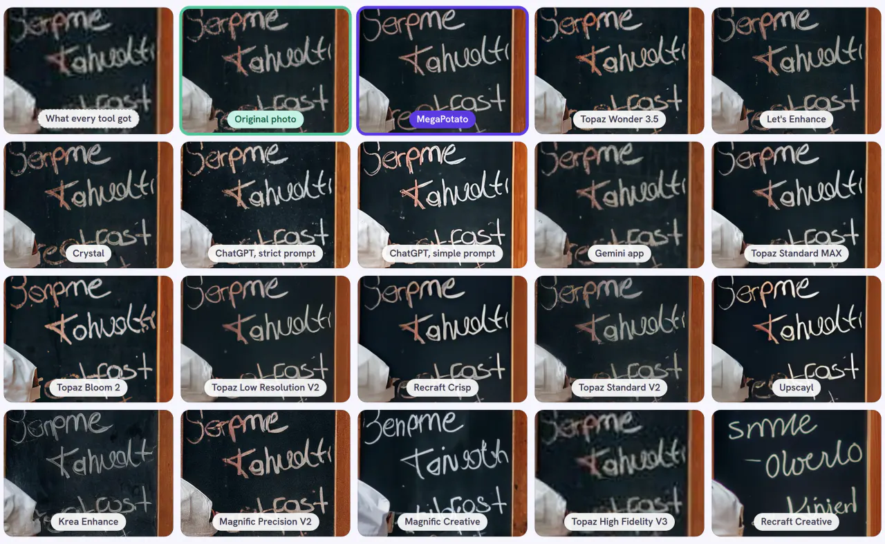 Café menu · 96 × 72 px of 504 × 336, the same detail through every tool and setting of the core test: what every tool got, the original photo and 18 results, MegaPotato outlined
