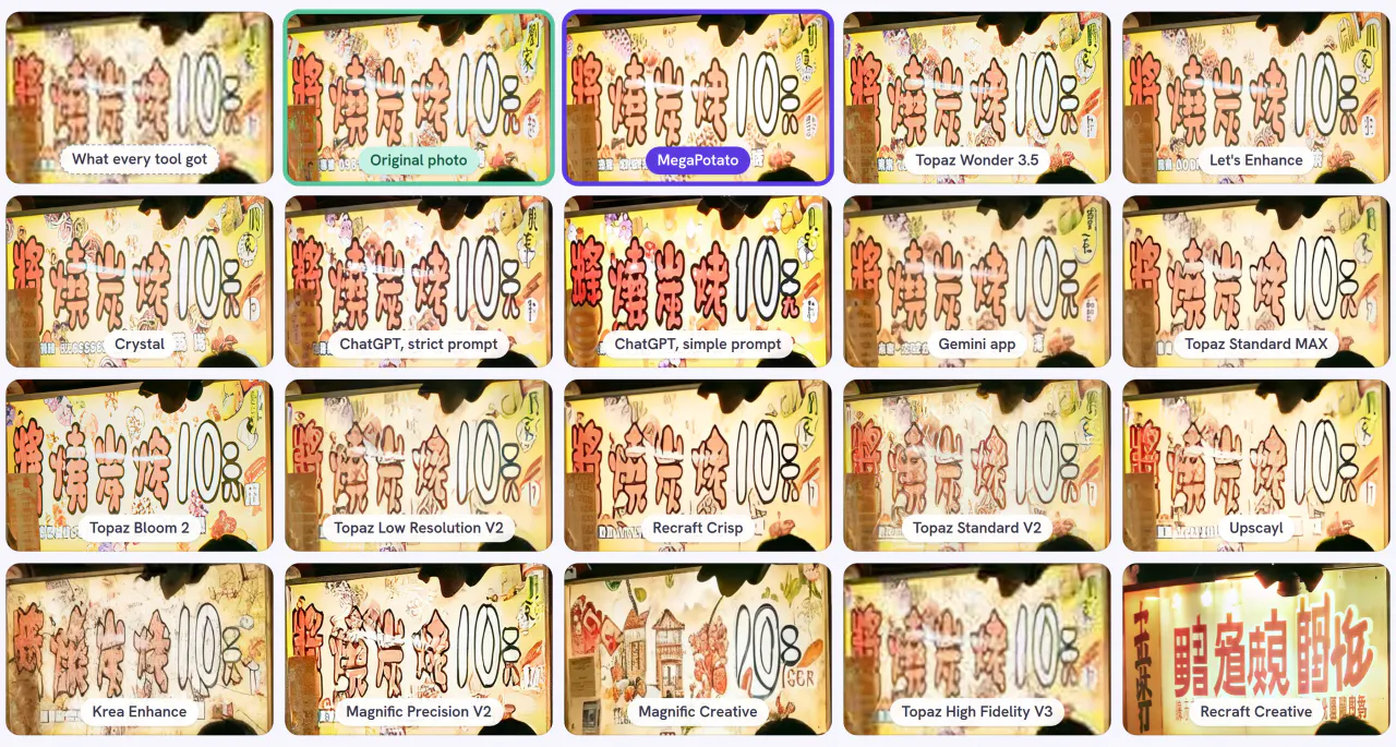 Night market · 112 × 72 px of 504 × 336, the same detail through every tool and setting of the core test: what every tool got, the original photo and 18 results, MegaPotato outlined