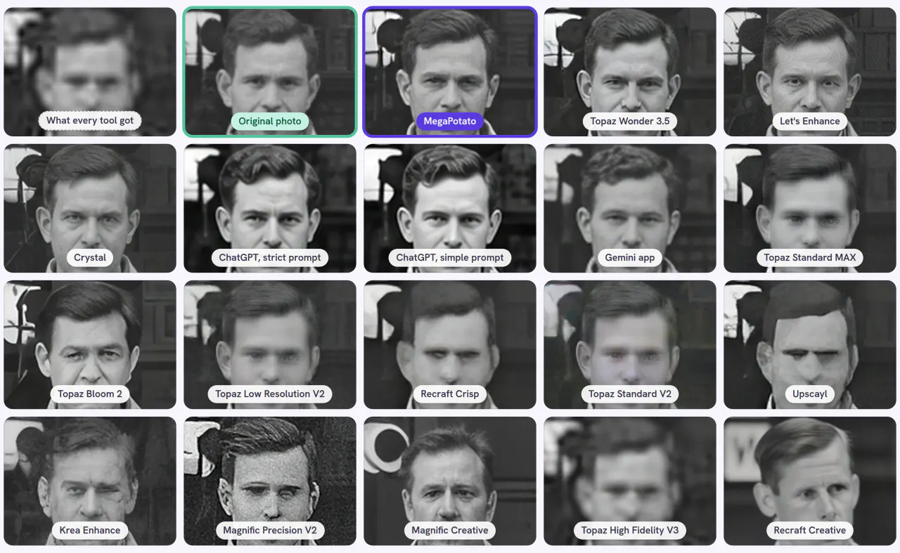 Grocery store, 1943 · 36 × 27 px of 504 × 336, the same detail through every tool and setting of the core test: what every tool got, the original photo and 18 results, MegaPotato outlined