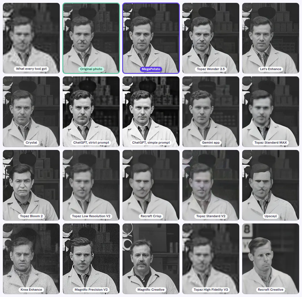 The shopkeeper of a 1943 grocery store through every tool of the core test, at the tools' own resolution: what every tool got, the original photo and 18 results, MegaPotato outlined