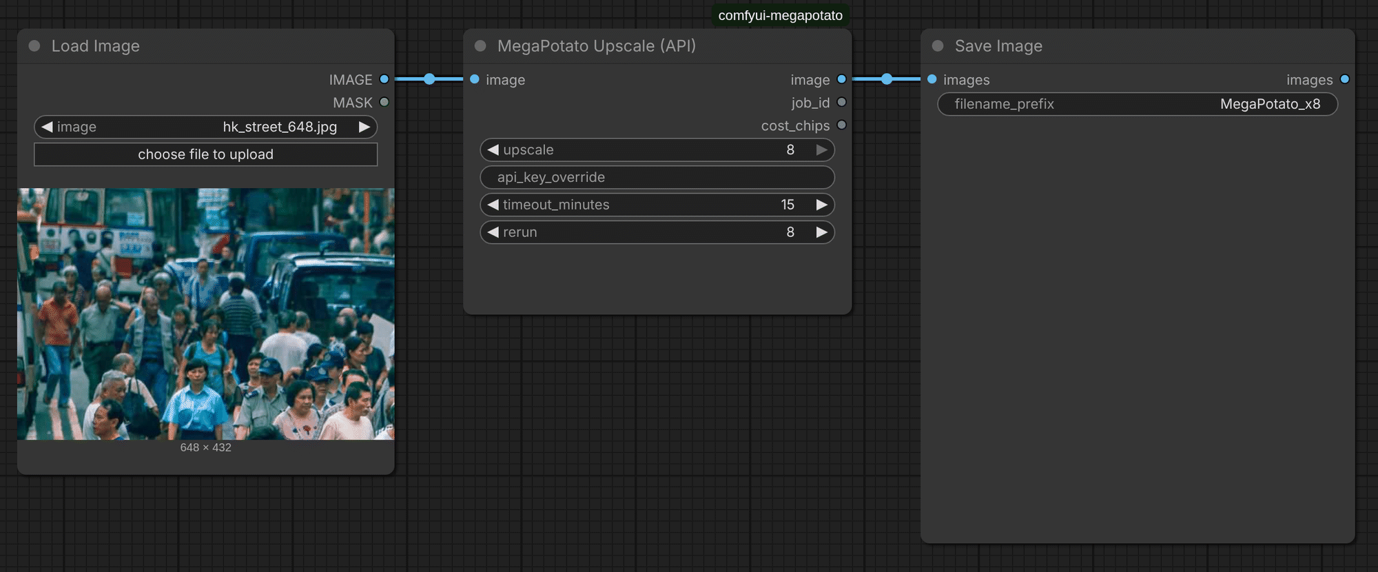 A recording of the ComfyUI workflow: Load Image with the 648 × 432 street photo, the MegaPotato node at ×8 going through uploading, queued and done, and the 5 184 × 3 456 result appearing in Save Image
